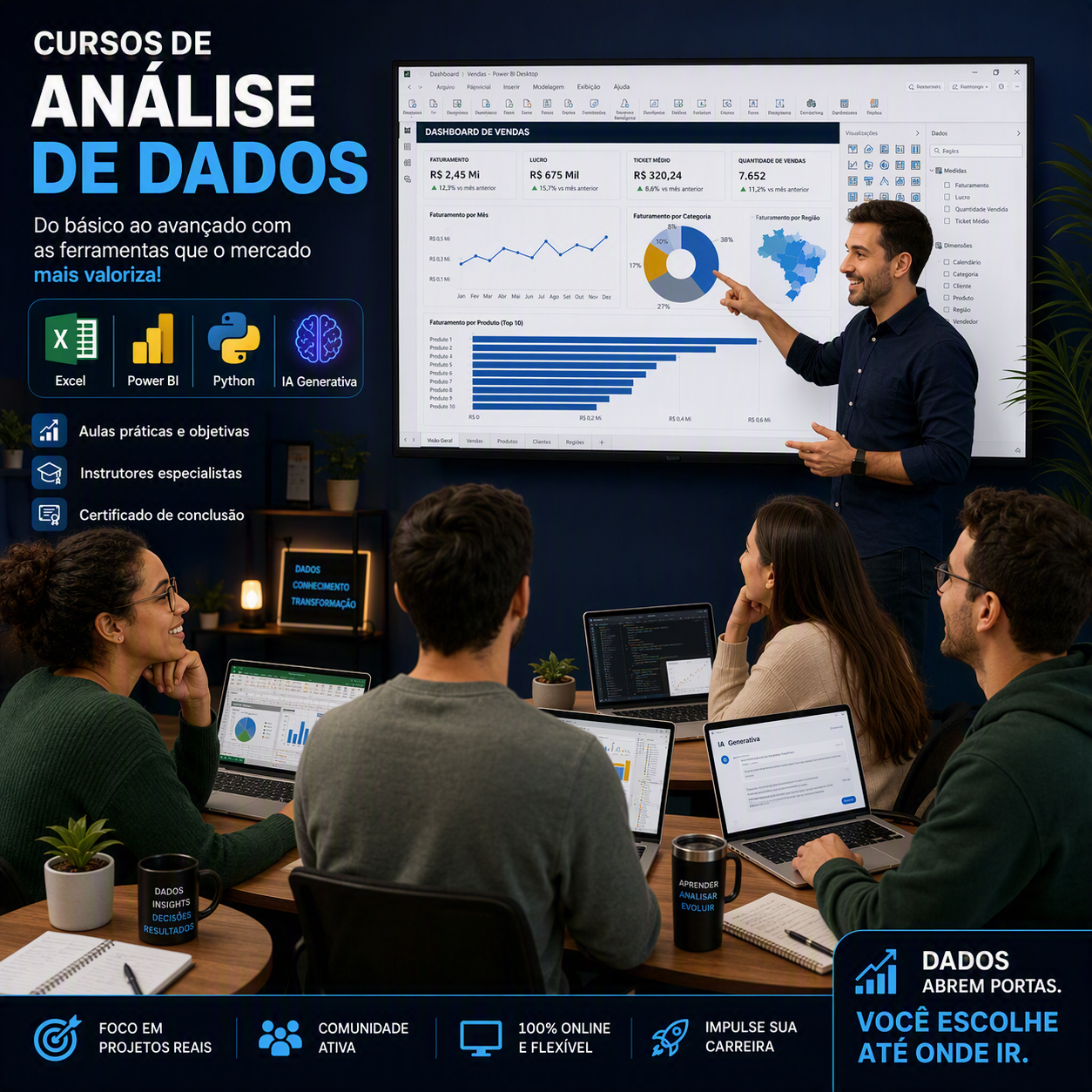 Ilustração de treinamento em análise de dados com Excel, Power BI e SQL